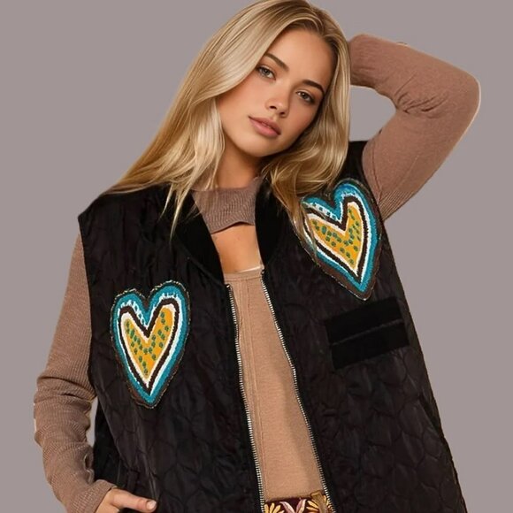 POL Clothing Whimsical Light Quilted Vest Black with Heart Patches S/M & M/L NWT - Picture 3 of 5